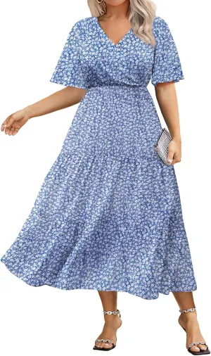 IN'VOLAND Plus Size Short Sleeve Dress for Women Summer Casual V Neck Floral Maxi Dresses with Pockets