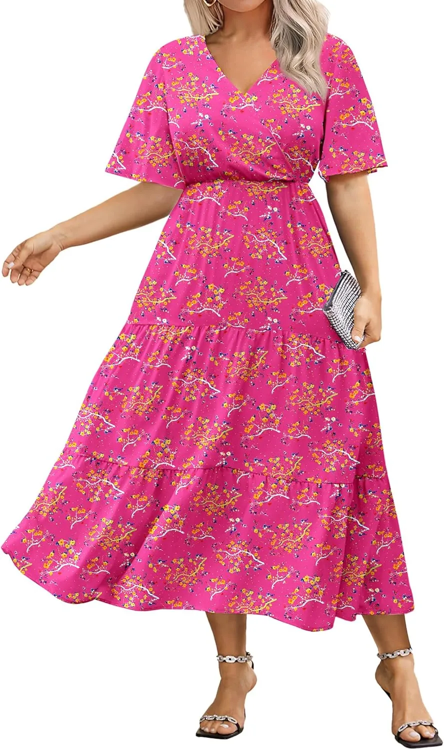IN'VOLAND Plus Size Short Sleeve Dress for Women Summer Casual V Neck Floral Maxi Dresses with Pockets
