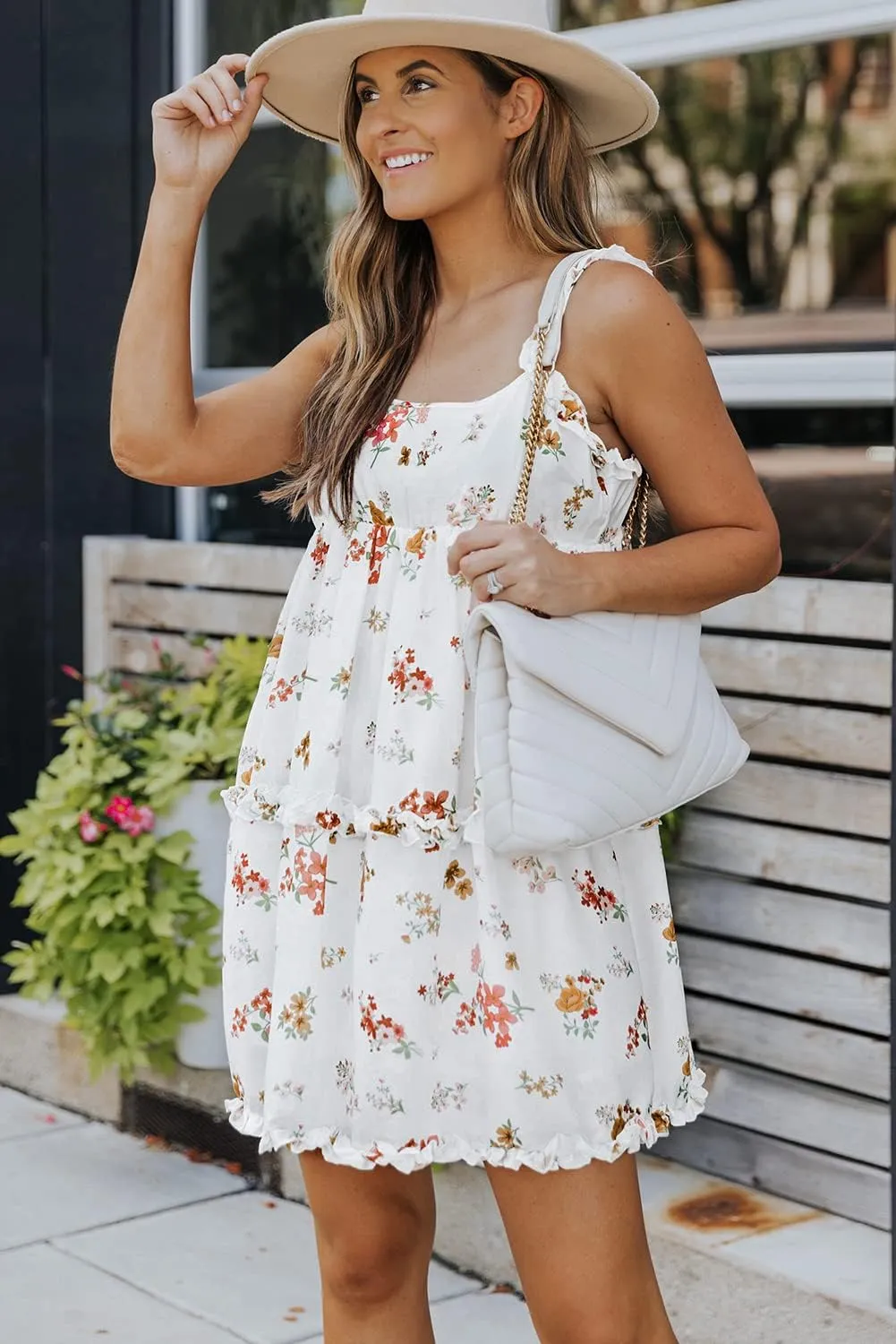 Irsutey Womens Summer Dress Spaghetti Strap Square Neck Sleeveless Tiered Ruffle Smocked Flowy Boho Cami Beach Mini Dresses