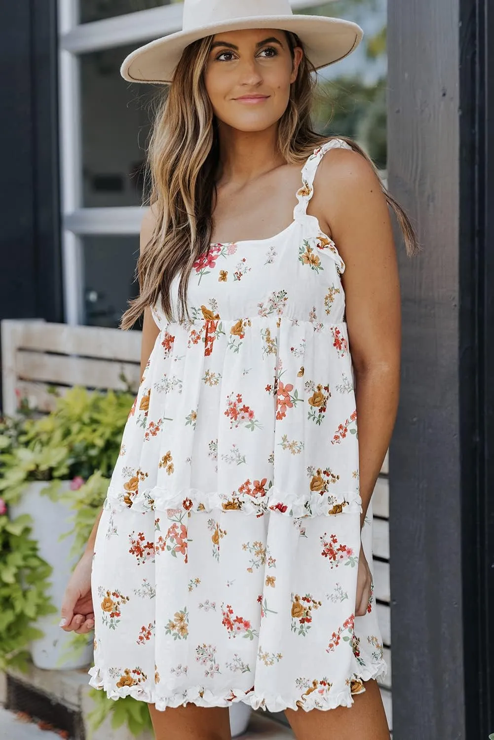 Irsutey Womens Summer Dress Spaghetti Strap Square Neck Sleeveless Tiered Ruffle Smocked Flowy Boho Cami Beach Mini Dresses