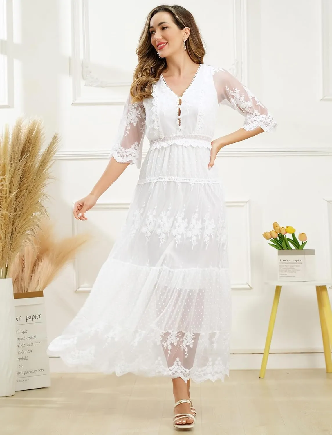 IWEMEK Women V Neck Floral Lace Boho Dress Summer Bohemian Beach Holiday Dresses Wedding Bridesmaid Cocktail Party Maxi Dress