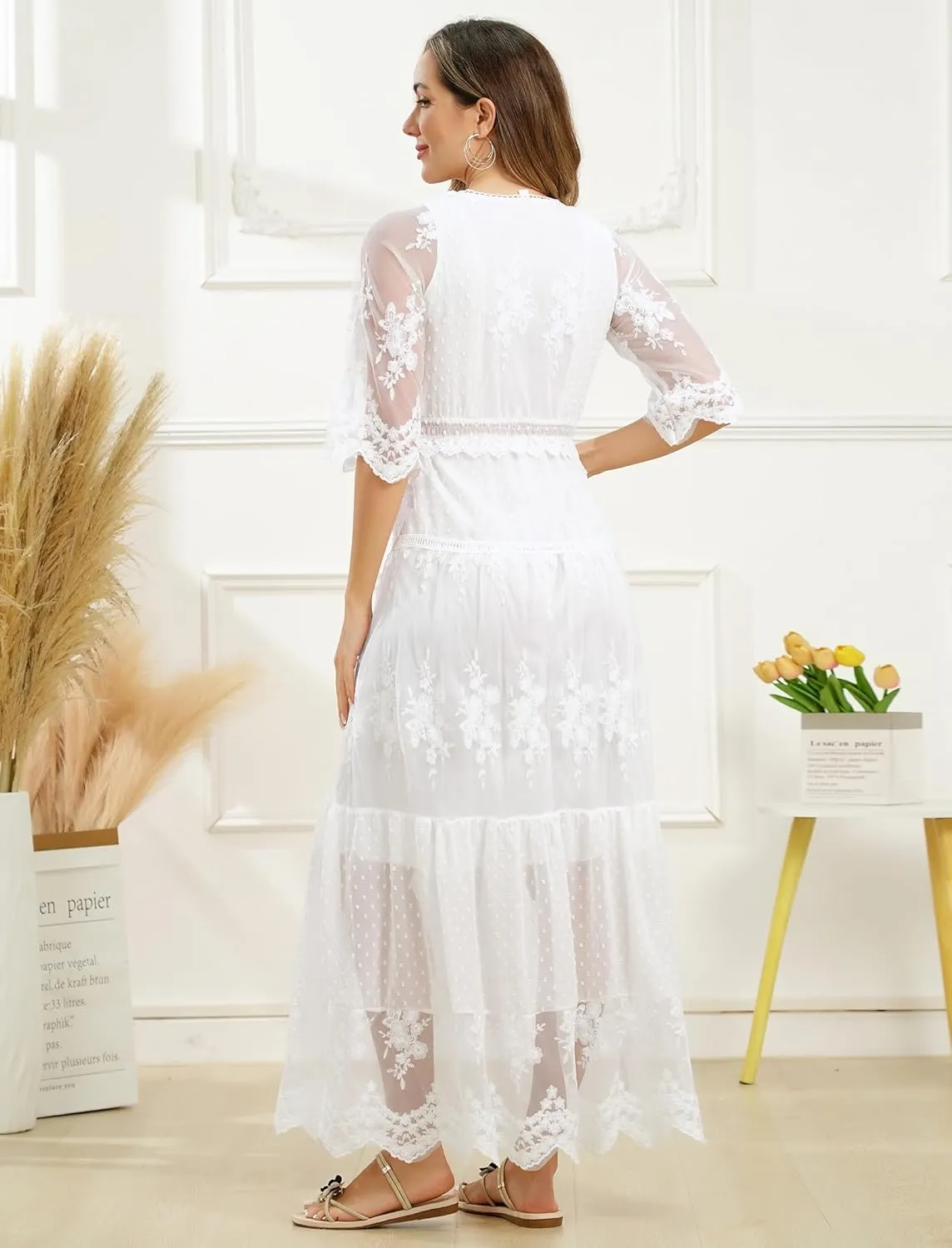 IWEMEK Women V Neck Floral Lace Boho Dress Summer Bohemian Beach Holiday Dresses Wedding Bridesmaid Cocktail Party Maxi Dress