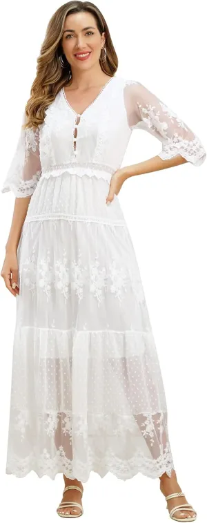 IWEMEK Women V Neck Floral Lace Boho Dress Summer Bohemian Beach Holiday Dresses Wedding Bridesmaid Cocktail Party Maxi Dress