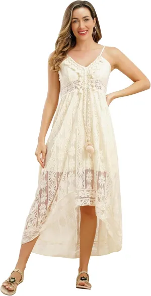IWEMEK Women V Neck Floral Lace Boho Dress Summer Bohemian Beach Holiday Dresses Wedding Bridesmaid Cocktail Party Maxi Dress