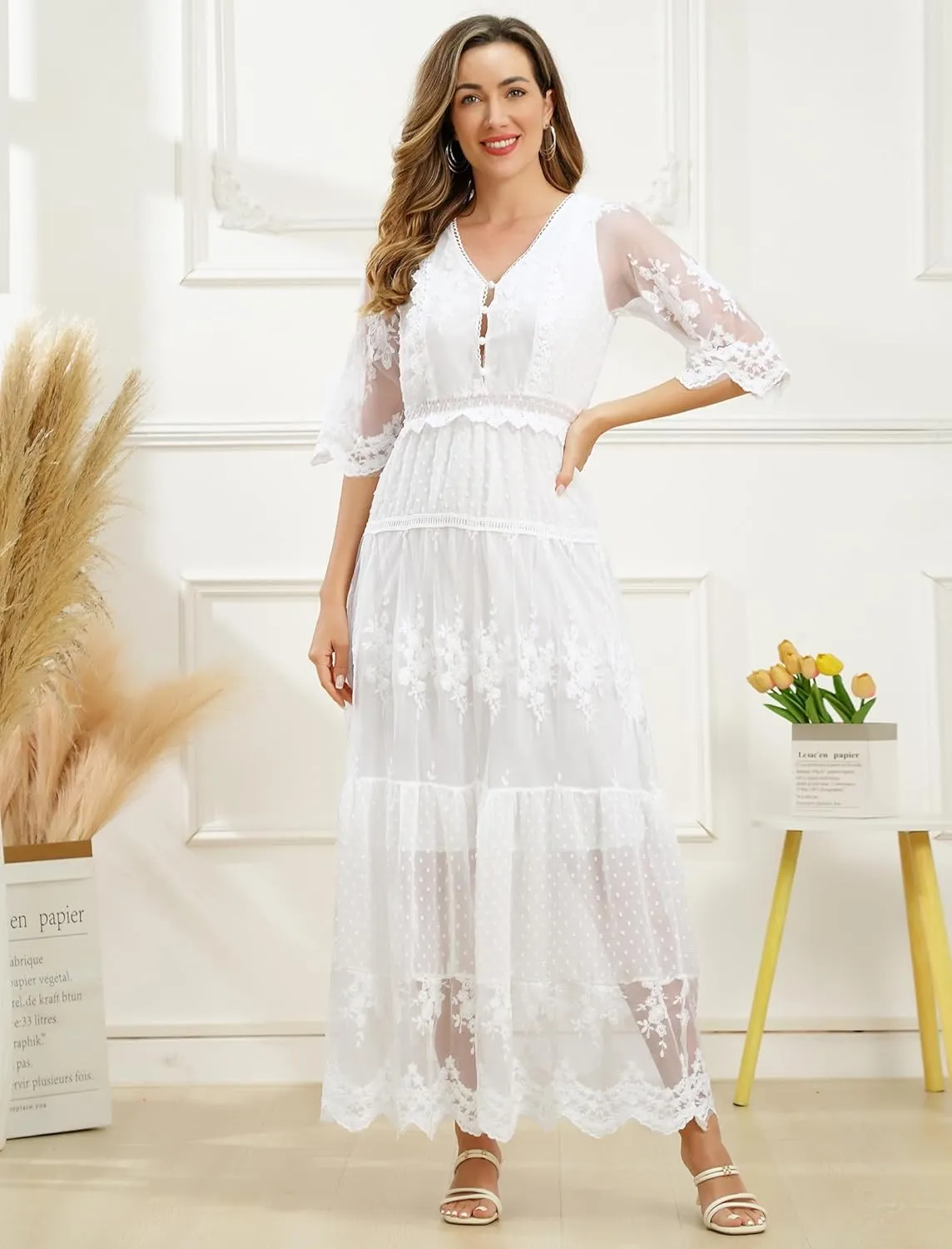 IWEMEK Women V Neck Floral Lace Boho Dress Summer Bohemian Beach Holiday Dresses Wedding Bridesmaid Cocktail Party Maxi Dress