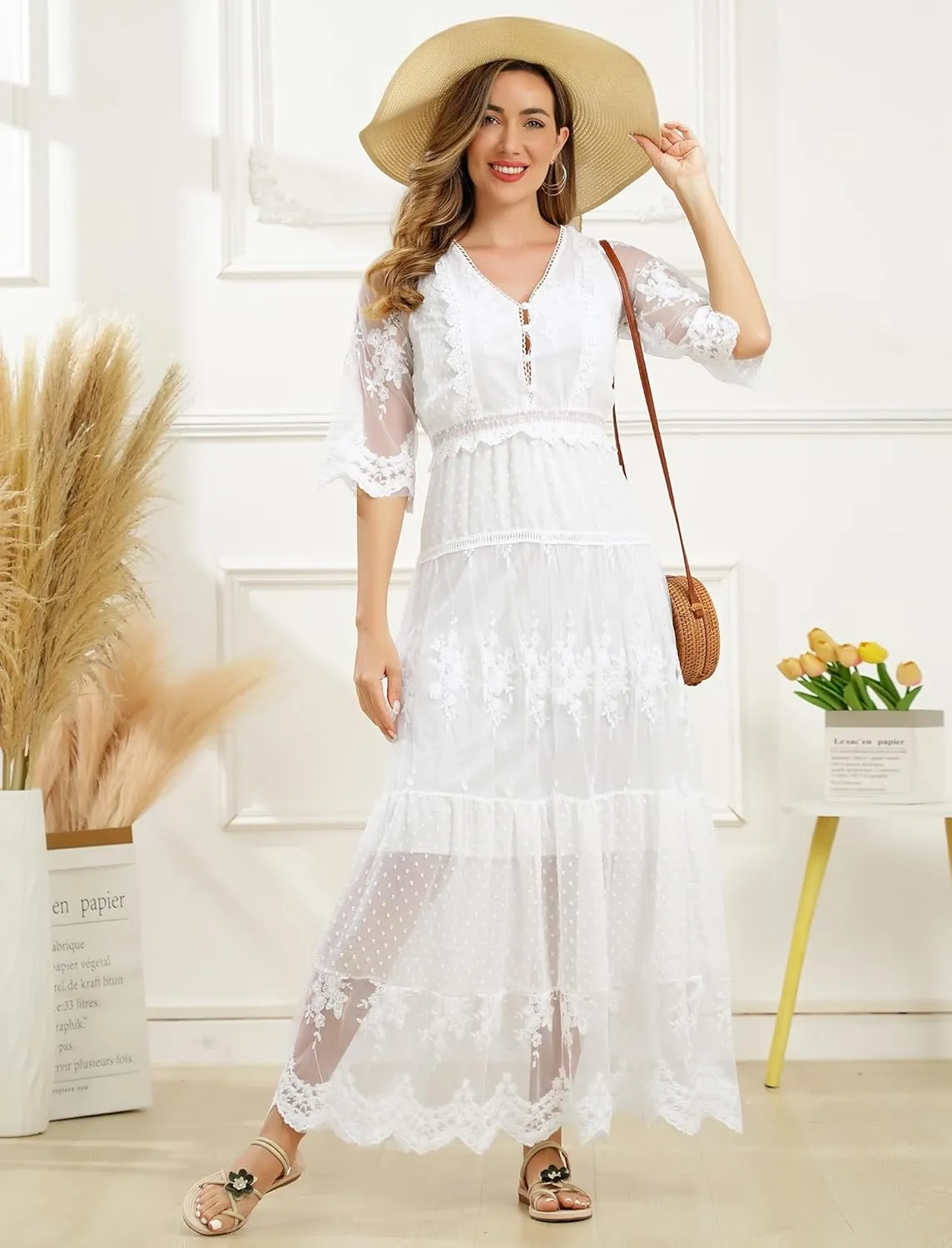 IWEMEK Women V Neck Floral Lace Boho Dress Summer Bohemian Beach Holiday Dresses Wedding Bridesmaid Cocktail Party Maxi Dress