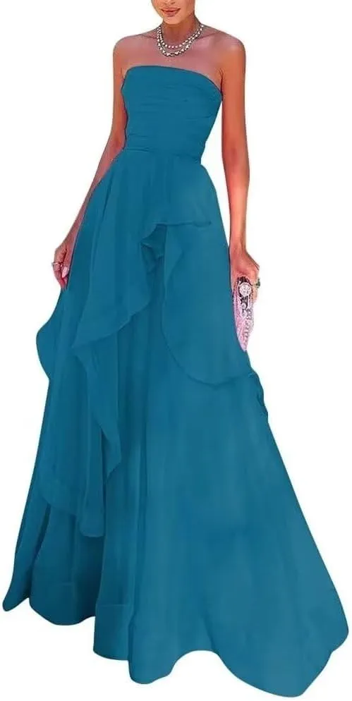 Jamille Strapless Prom Dresses for Women 2024 Long Ruffles Formal Gown A Line Evening Party Dress Sleeveless Chiffon JA0025