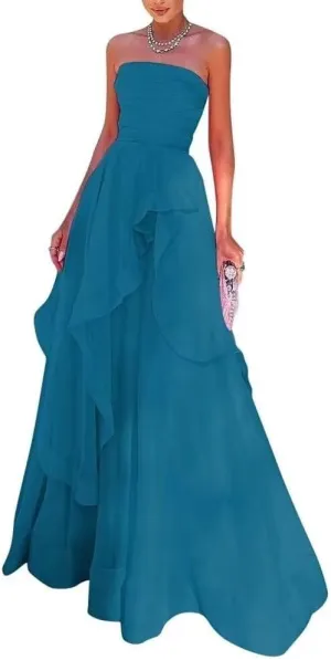 Jamille Strapless Prom Dresses for Women 2024 Long Ruffles Formal Gown A Line Evening Party Dress Sleeveless Chiffon JA0025