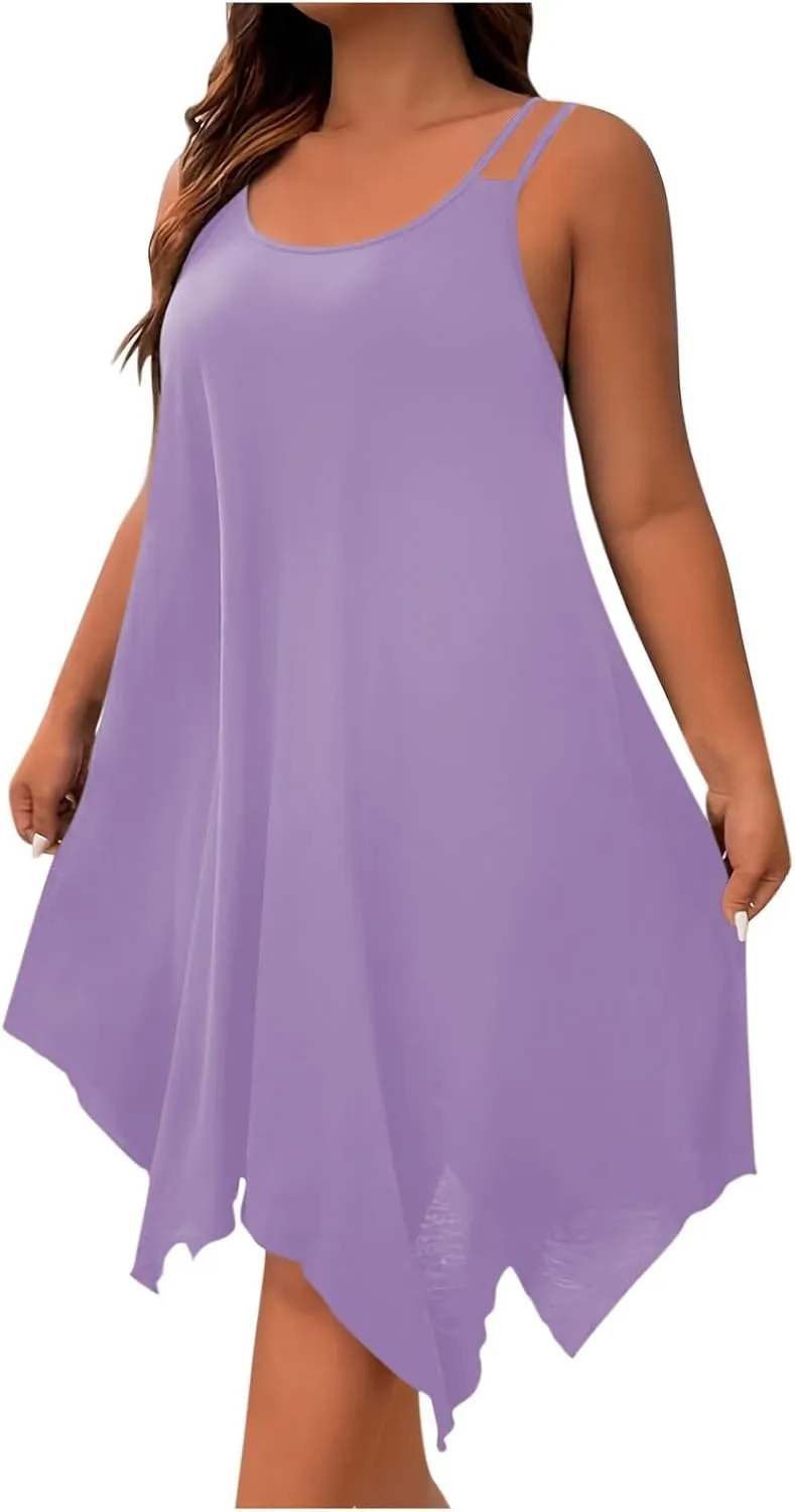 JOAU Plus Size Women Summer Midi Dress 2025 Hawaiian Beach Cover Up Dresses Spaghetti Strap Irregular Hem Flowy Tank Dress