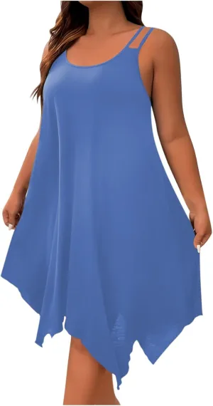 JOAU Plus Size Women Summer Midi Dress 2025 Hawaiian Beach Cover Up Dresses Spaghetti Strap Irregular Hem Flowy Tank Dress