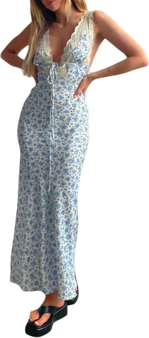 Juakoso Women Y2K Floral Printed Maxi Dress V Neck Backless Long Dress Sleeveless Going Out Sundress Summer Beachwear