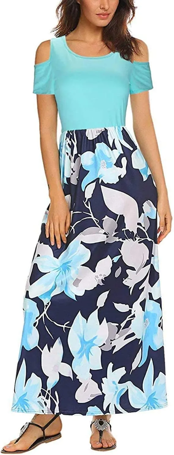 Kancystore Women's Short Sleeve Floral Maxi Dresses Cold Shoulder Dress with Pockets