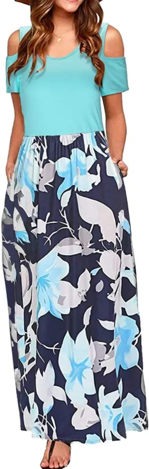 Kancystore Women's Short Sleeve Floral Maxi Dresses Cold Shoulder Dress with Pockets