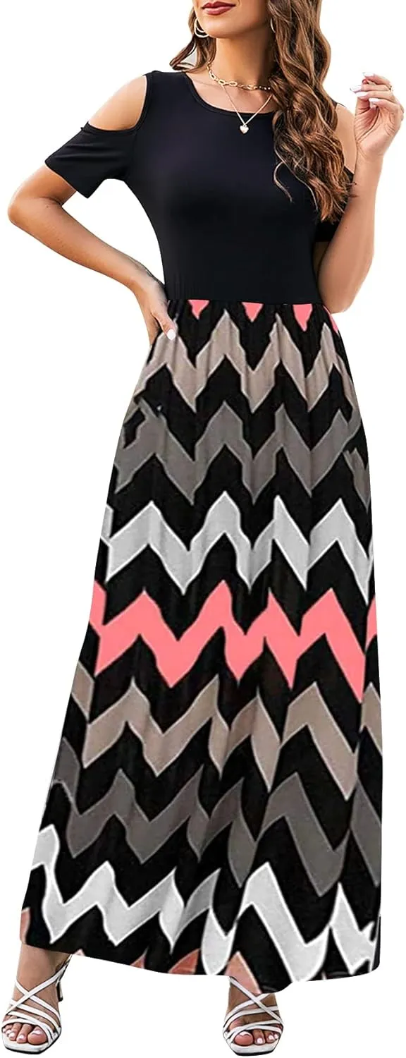 Kancystore Women's Short Sleeve Floral Maxi Dresses Cold Shoulder Dress with Pockets
