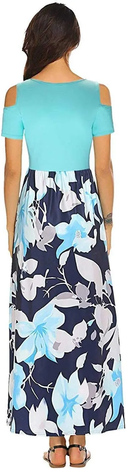 Kancystore Women's Short Sleeve Floral Maxi Dresses Cold Shoulder Dress with Pockets