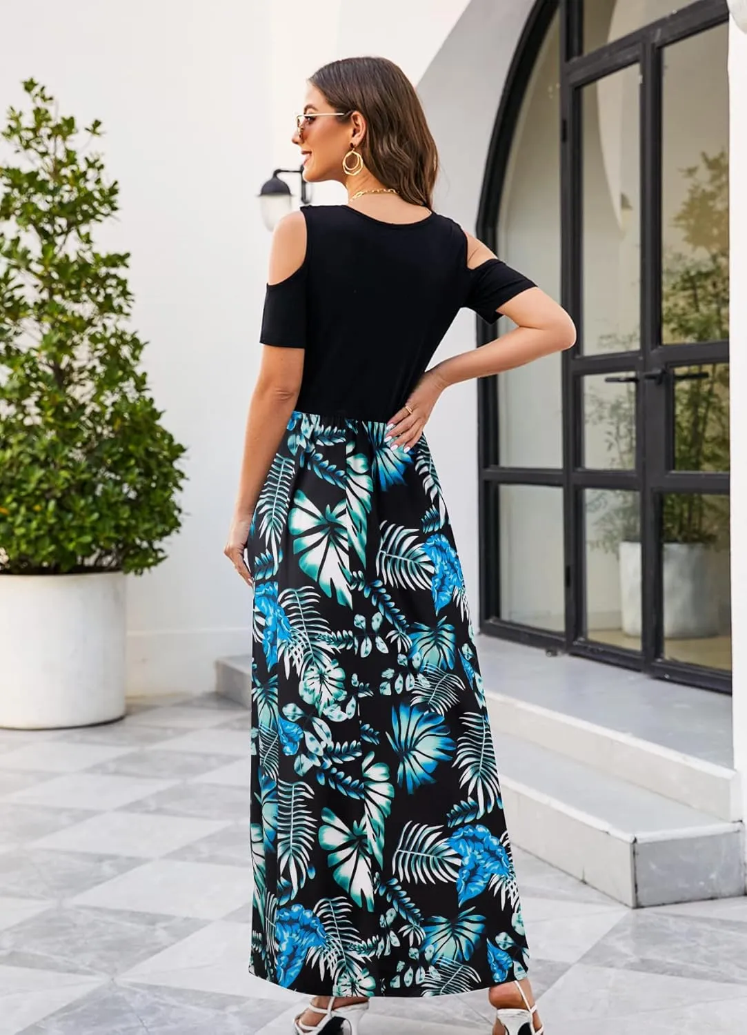 Kancystore Women's Short Sleeve Floral Maxi Dresses Cold Shoulder Dress with Pockets