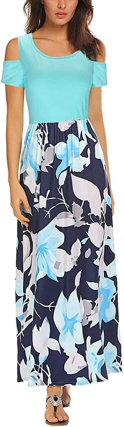 Kancystore Women's Short Sleeve Floral Maxi Dresses Cold Shoulder Dress with Pockets