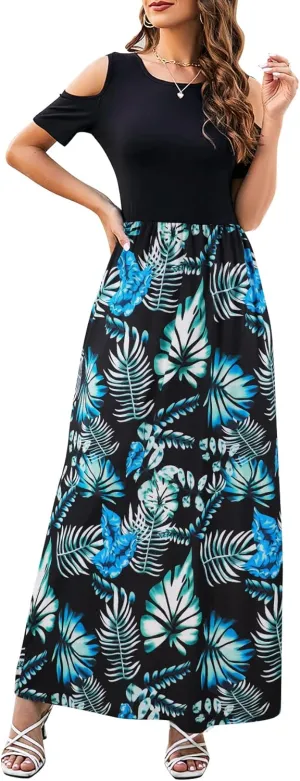 Kancystore Women's Short Sleeve Floral Maxi Dresses Cold Shoulder Dress with Pockets