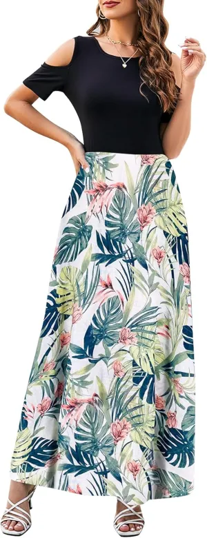 Kancystore Women's Short Sleeve Floral Maxi Dresses Cold Shoulder Dress with Pockets