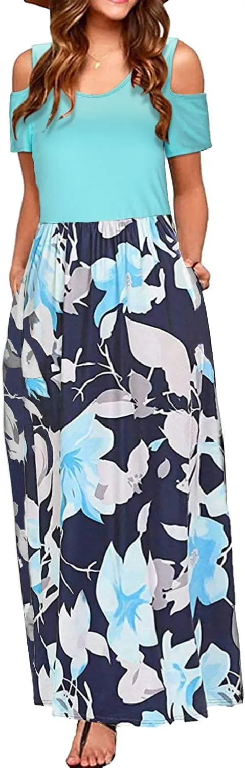 Kancystore Women's Short Sleeve Floral Maxi Dresses Cold Shoulder Dress with Pockets