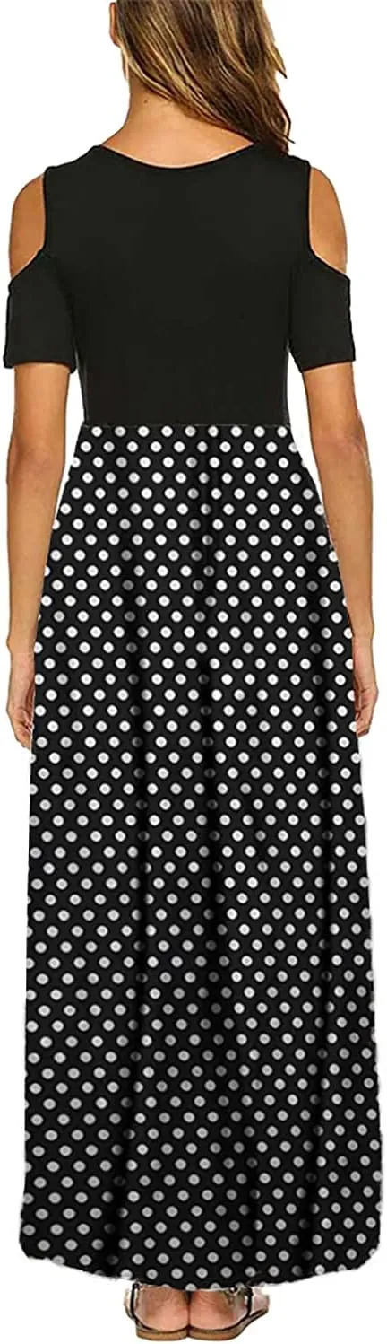 Kancystore Women's Short Sleeve Floral Maxi Dresses Cold Shoulder Dress with Pockets
