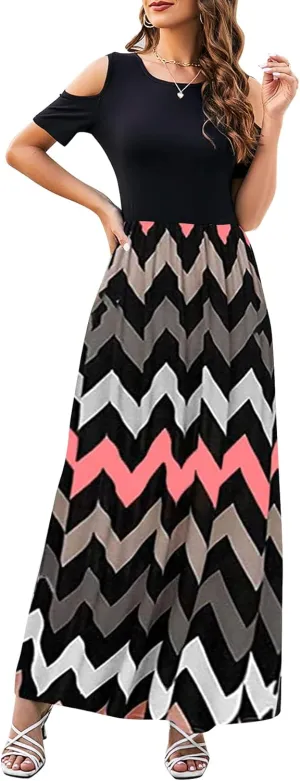 Kancystore Women's Short Sleeve Floral Maxi Dresses Cold Shoulder Dress with Pockets