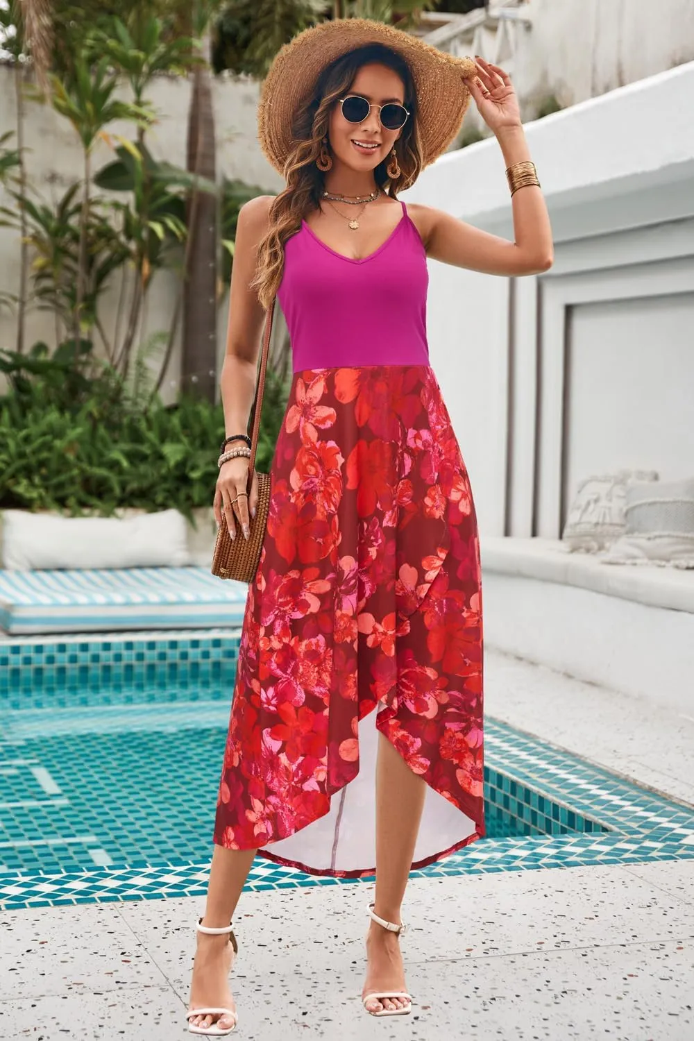 KILIG Women's V Neck Sleeveless Casual Summer Sundresses Asymmetrical Patchwork Floral Maxi Dresses