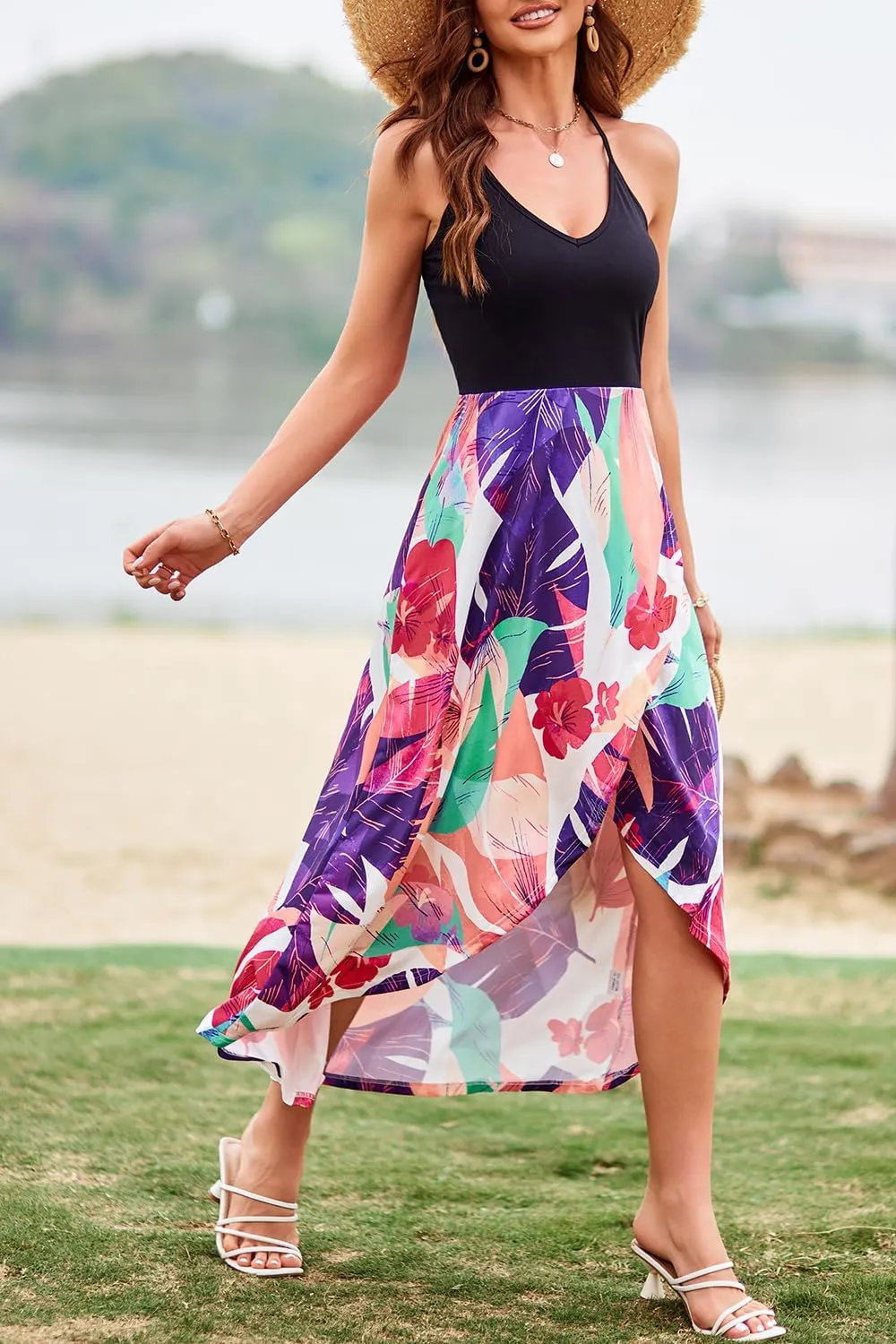 KILIG Women's V Neck Sleeveless Casual Summer Sundresses Asymmetrical Patchwork Floral Maxi Dresses