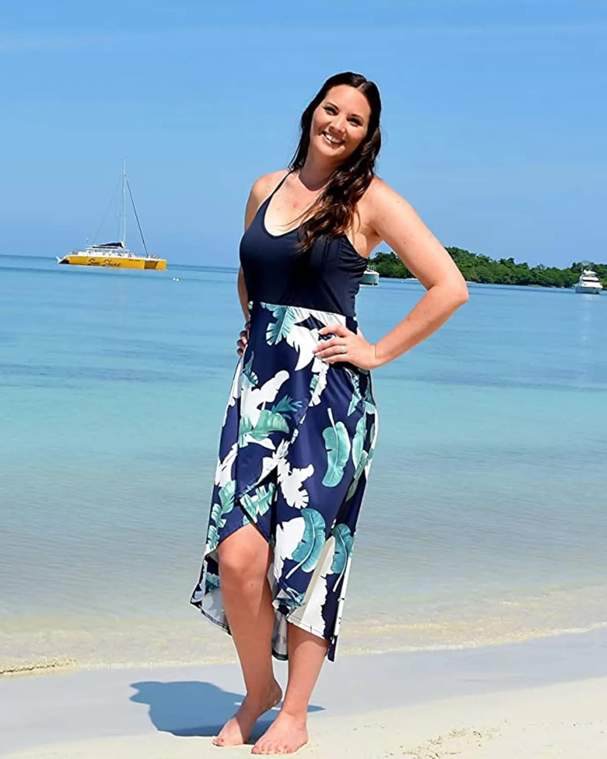 KILIG Women's V Neck Sleeveless Casual Summer Sundresses Asymmetrical Patchwork Floral Maxi Dresses