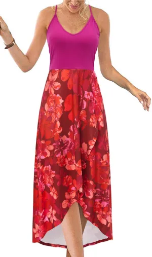 KILIG Women's V Neck Sleeveless Casual Summer Sundresses Asymmetrical Patchwork Floral Maxi Dresses