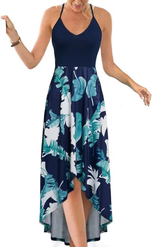 KILIG Women's V Neck Sleeveless Casual Summer Sundresses Asymmetrical Patchwork Floral Maxi Dresses