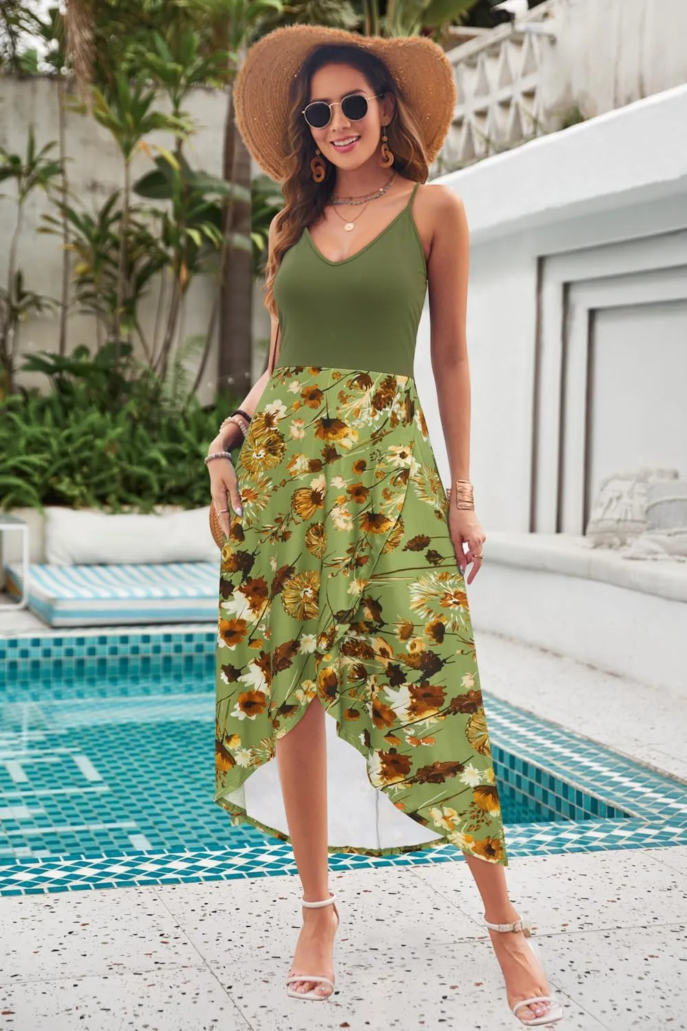 KILIG Women's V Neck Sleeveless Casual Summer Sundresses Asymmetrical Patchwork Floral Maxi Dresses