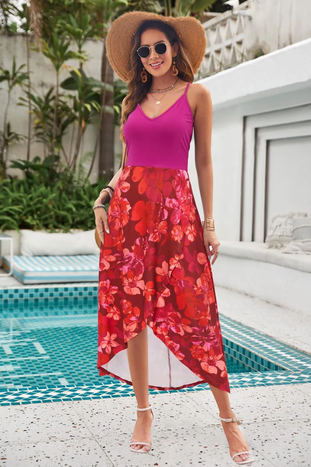 KILIG Women's V Neck Sleeveless Casual Summer Sundresses Asymmetrical Patchwork Floral Maxi Dresses