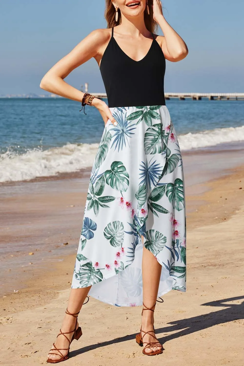 KILIG Women's V Neck Sleeveless Casual Summer Sundresses Asymmetrical Patchwork Floral Maxi Dresses