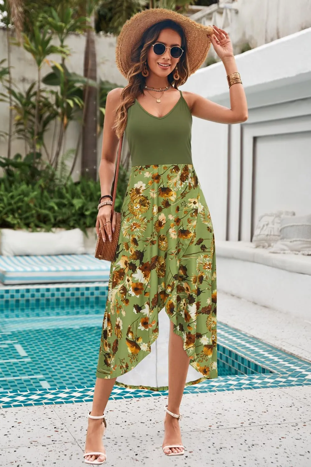 KILIG Women's V Neck Sleeveless Casual Summer Sundresses Asymmetrical Patchwork Floral Maxi Dresses