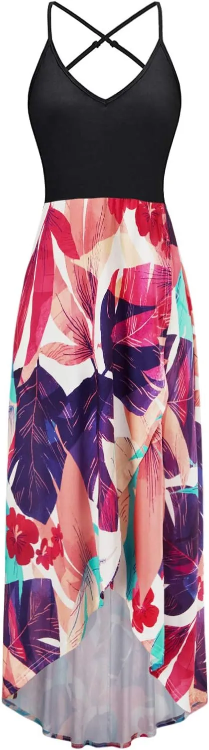 KILIG Women's V Neck Sleeveless Casual Summer Sundresses Asymmetrical Patchwork Floral Maxi Dresses