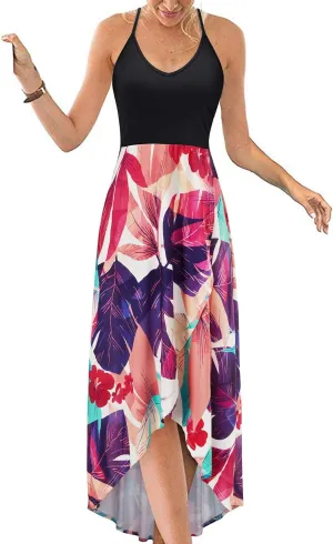 KILIG Women's V Neck Sleeveless Casual Summer Sundresses Asymmetrical Patchwork Floral Maxi Dresses