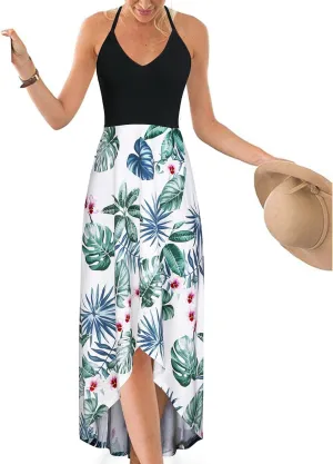 KILIG Women's V Neck Sleeveless Casual Summer Sundresses Asymmetrical Patchwork Floral Maxi Dresses