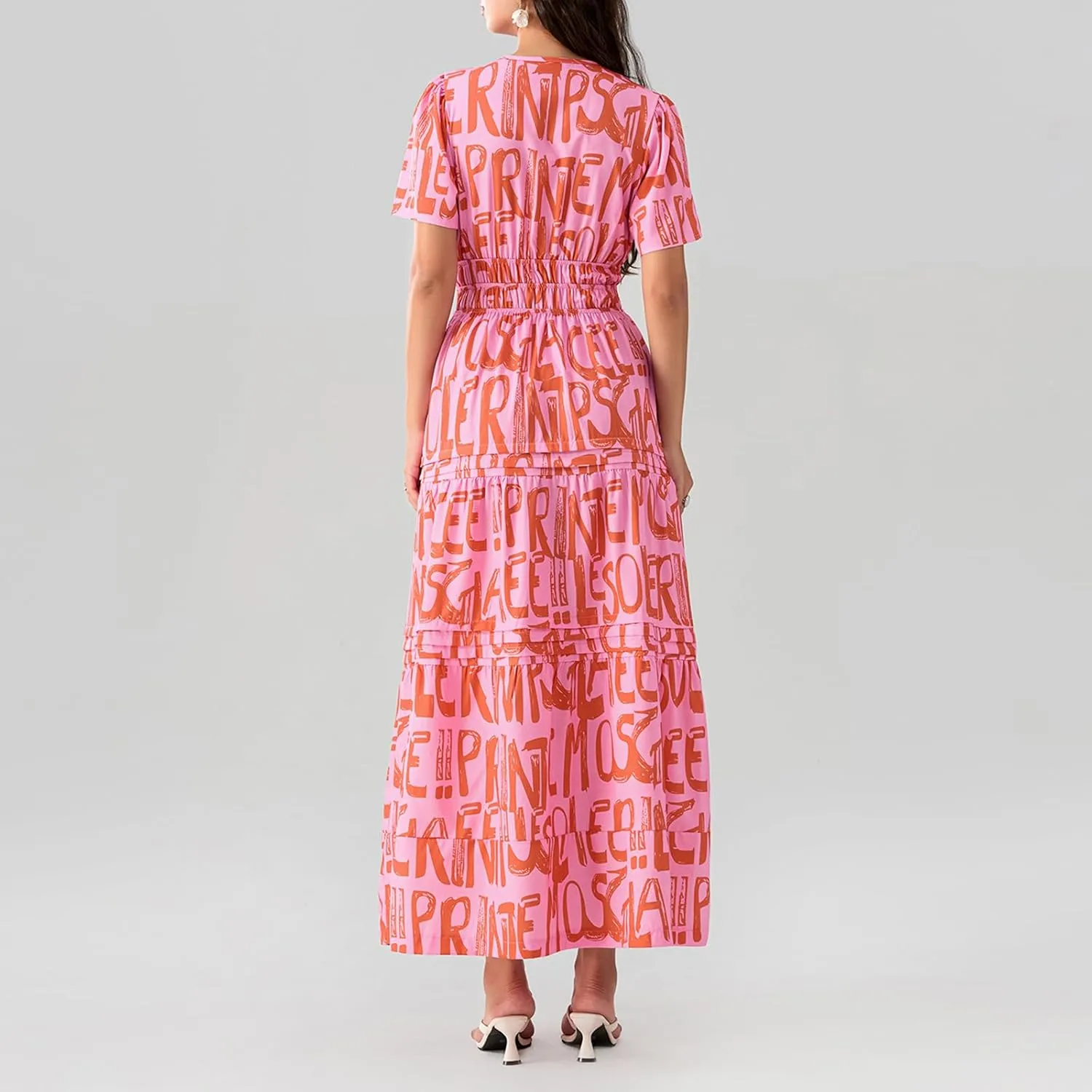 KMBANGI Women Flutter Sleeve Maxi Dress Boho Smocked Sundress Floral Printed Short Sleeve Tiered Ruffle Long Beach Dress