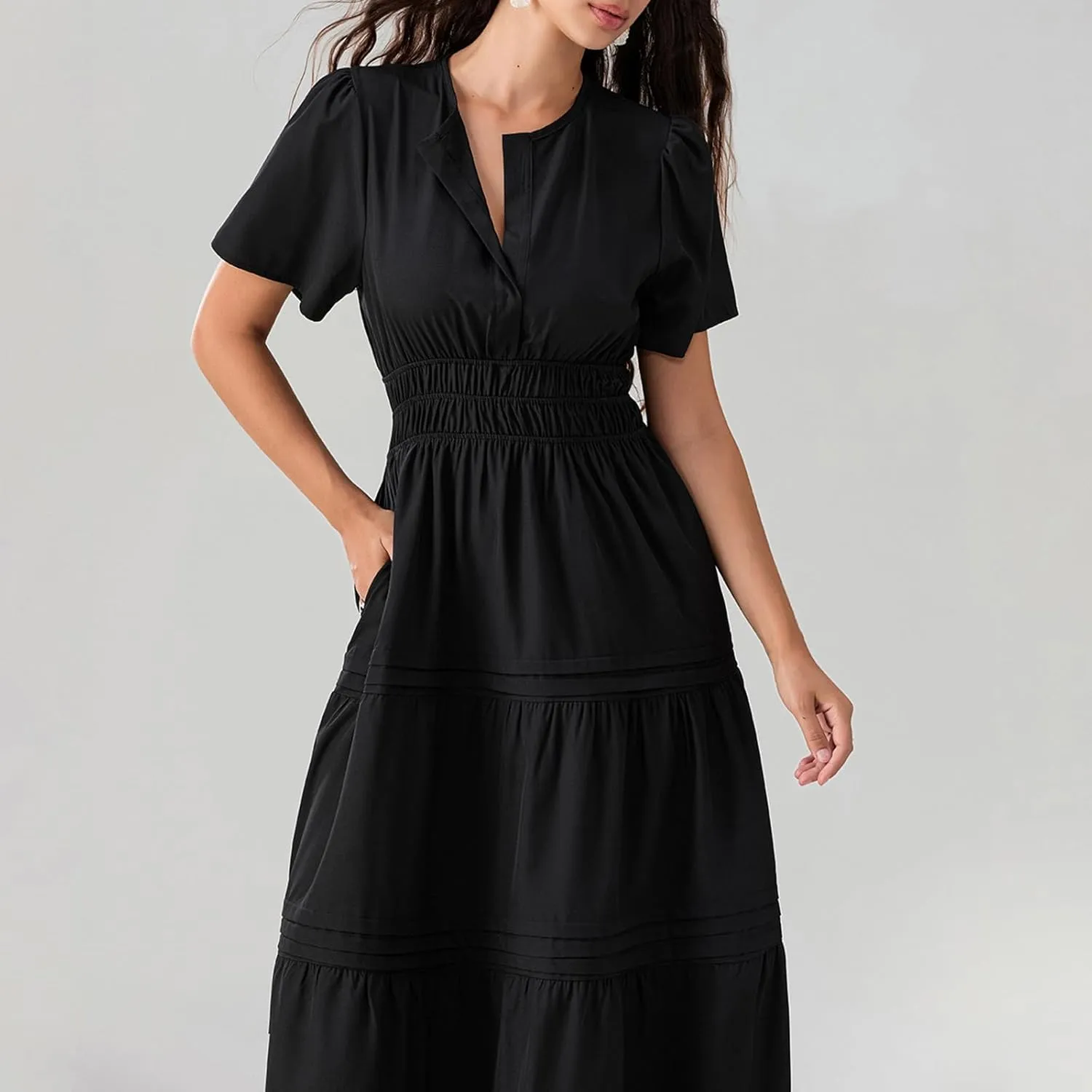 KMBANGI Women Flutter Sleeve Maxi Dress Boho Smocked Sundress Floral Printed Short Sleeve Tiered Ruffle Long Beach Dress