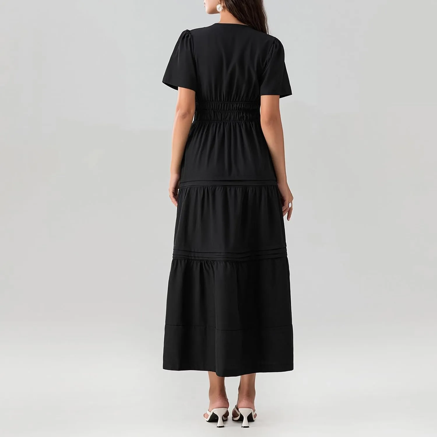 KMBANGI Women Flutter Sleeve Maxi Dress Boho Smocked Sundress Floral Printed Short Sleeve Tiered Ruffle Long Beach Dress
