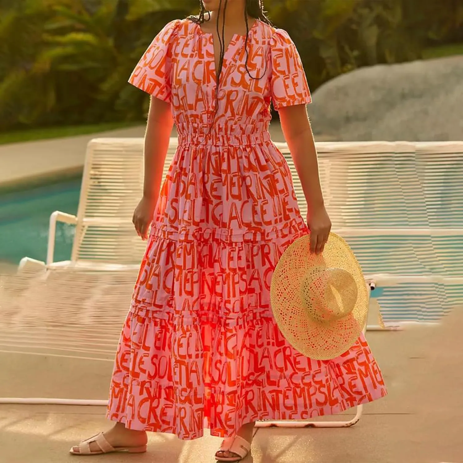 KMBANGI Women Flutter Sleeve Maxi Dress Boho Smocked Sundress Floral Printed Short Sleeve Tiered Ruffle Long Beach Dress