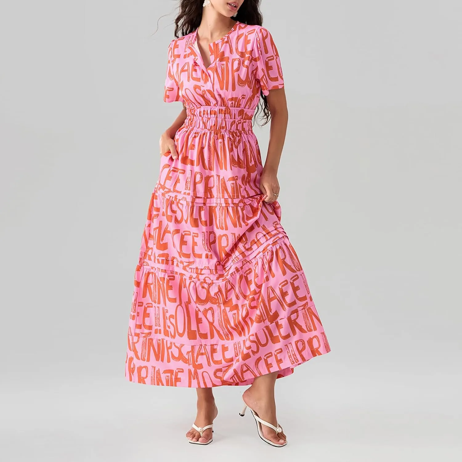 KMBANGI Women Flutter Sleeve Maxi Dress Boho Smocked Sundress Floral Printed Short Sleeve Tiered Ruffle Long Beach Dress
