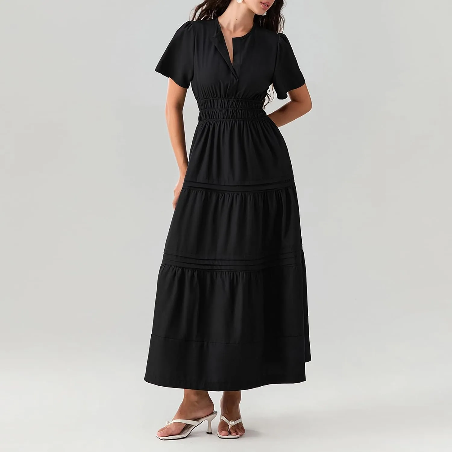 KMBANGI Women Flutter Sleeve Maxi Dress Boho Smocked Sundress Floral Printed Short Sleeve Tiered Ruffle Long Beach Dress
