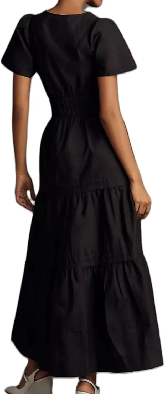 KMBANGI Women Flutter Sleeve Maxi Dress Boho Smocked Sundress Floral Printed Short Sleeve Tiered Ruffle Long Beach Dress