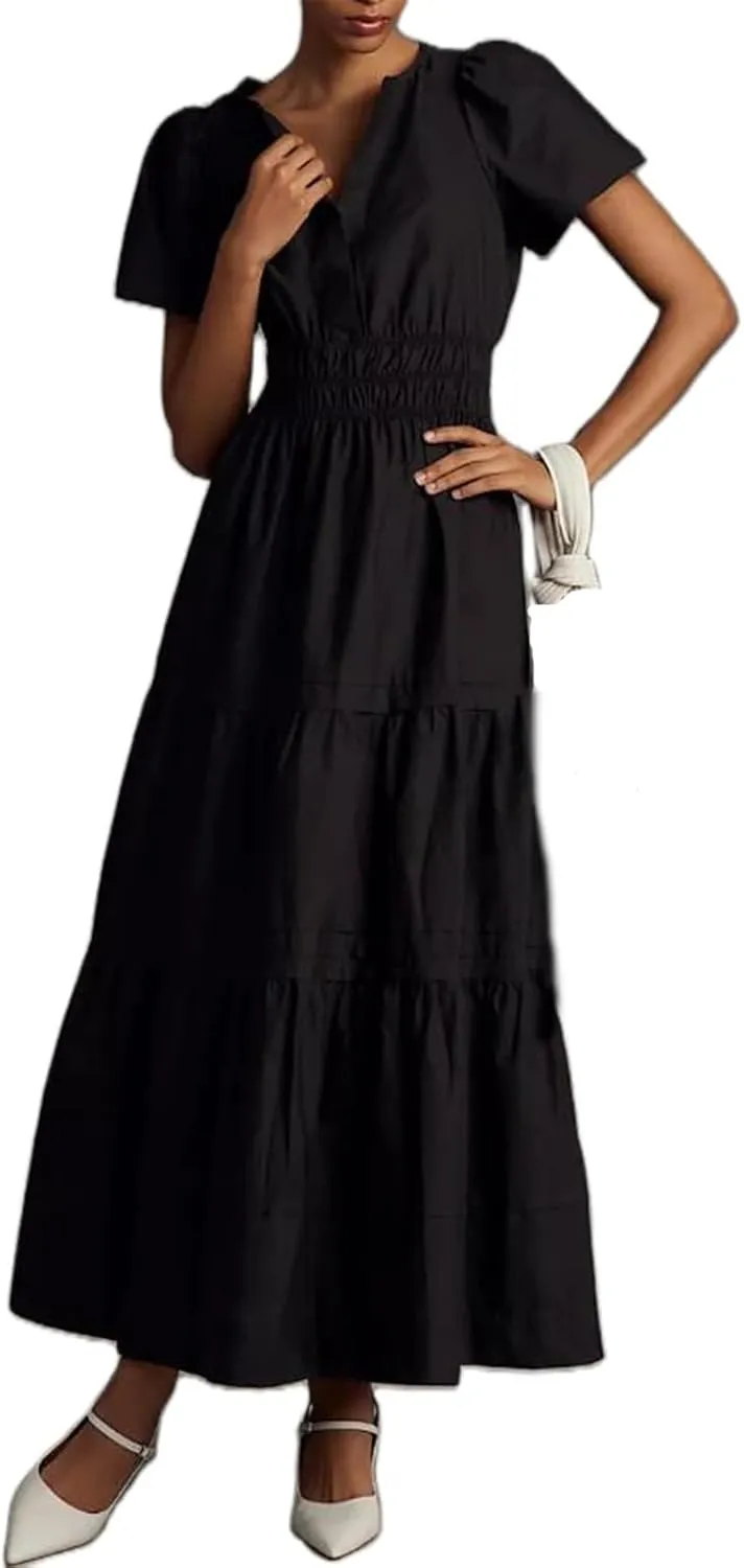 KMBANGI Women Flutter Sleeve Maxi Dress Boho Smocked Sundress Floral Printed Short Sleeve Tiered Ruffle Long Beach Dress