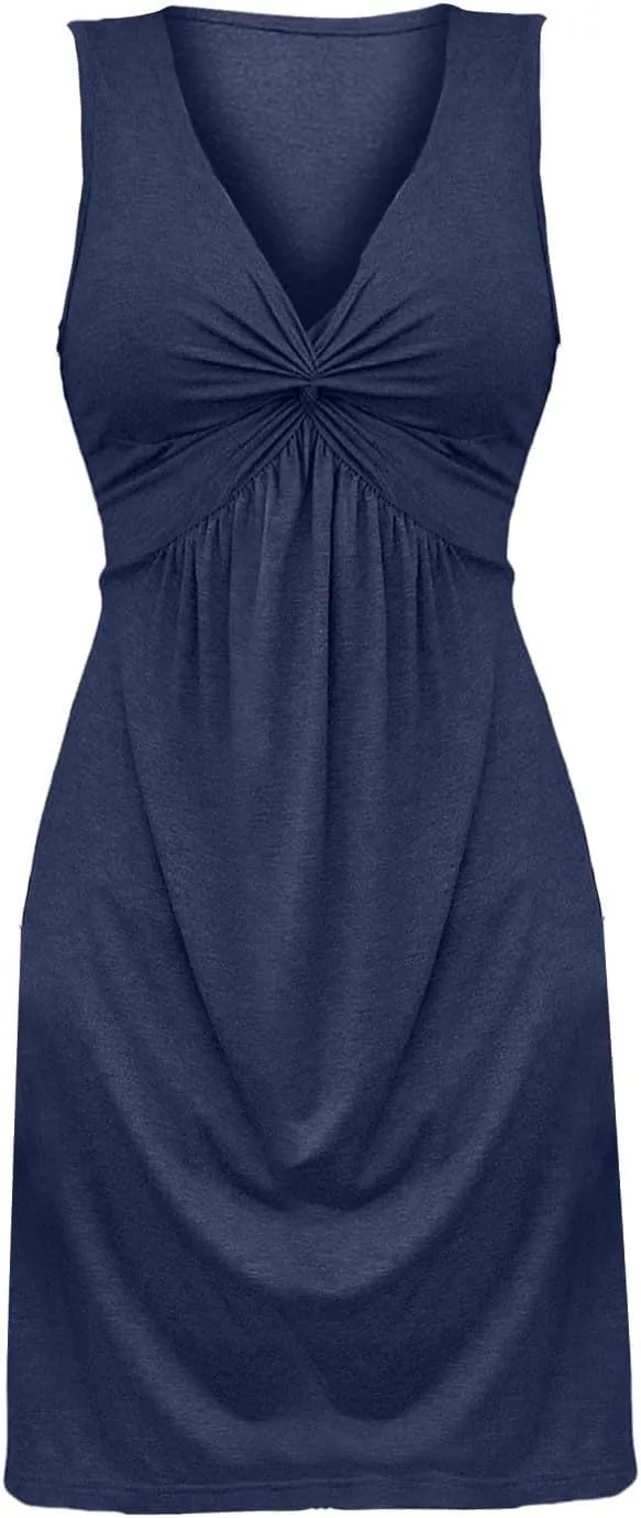 Knotted Front Dresses for Women V Neck Sleeveless Tank Dresses A Line Casual Sundress Vacasion Outfits Beach Sundress