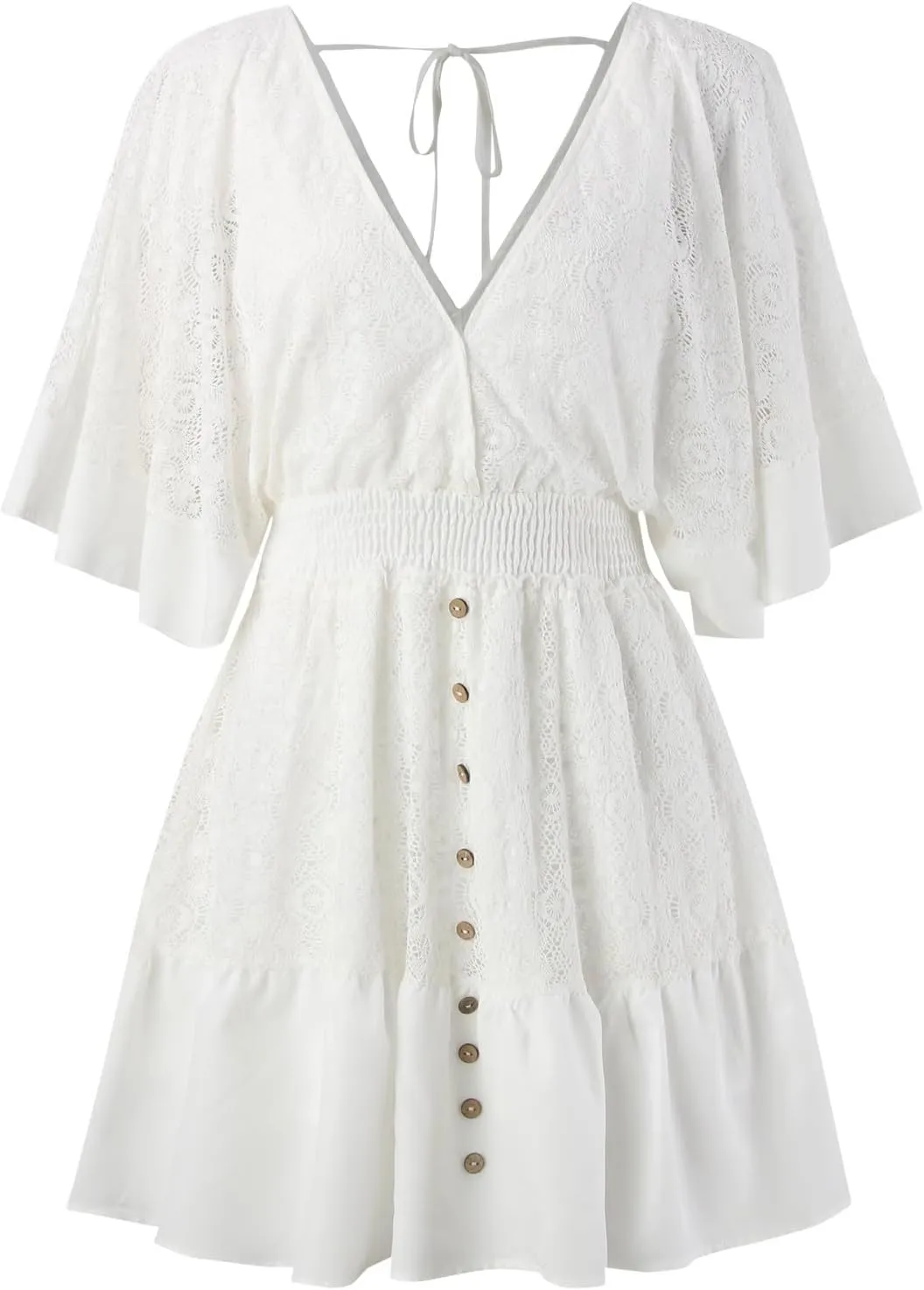 Lace V Neck Mini Dresses Batwing Sleeve Backless Crochet Ruffle Mini Dresses Casual Skirts for Women 2024