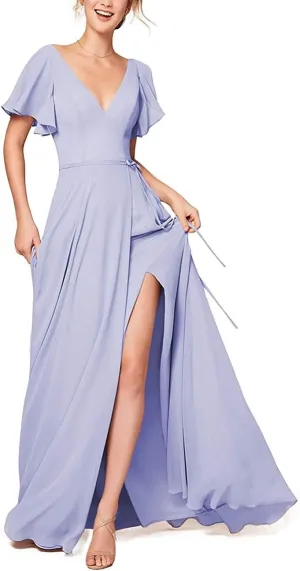 Lavender Bridesmaid Dresses Slit Long Chiffon Prom Dress V Neck Ruffle Short Sleeve Formal Evening Gowns COO21-4