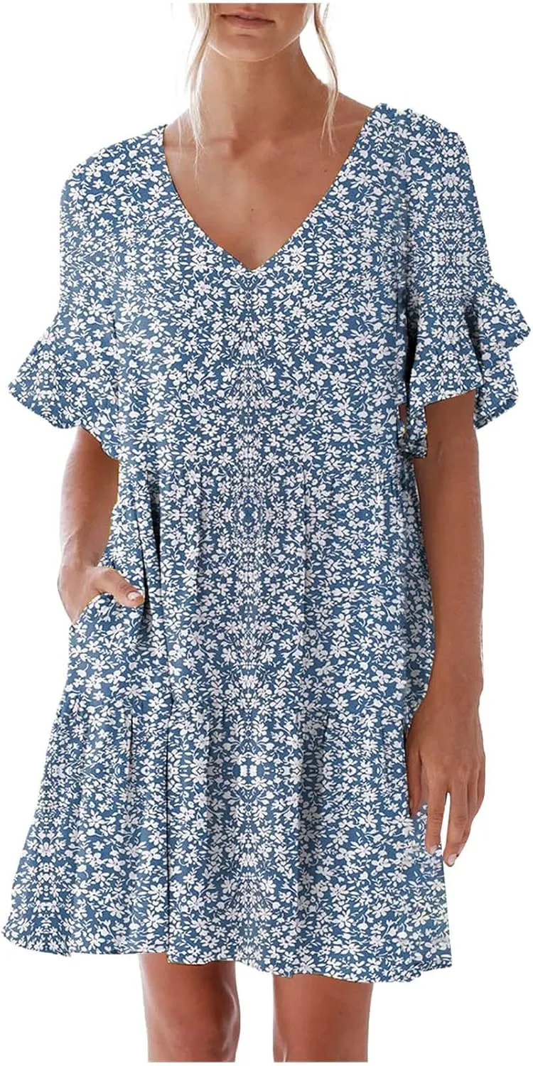 LFEOOST Summer Dresses for Women Loose Casual Ruffles Short Sleeve V Neck Floral Print Smocked Mini Dress with Pocket